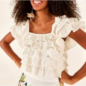 Farm Rio Blouese XL Off White 3D Flower Layered Ruffle Tiered Crop Top Boho Chic